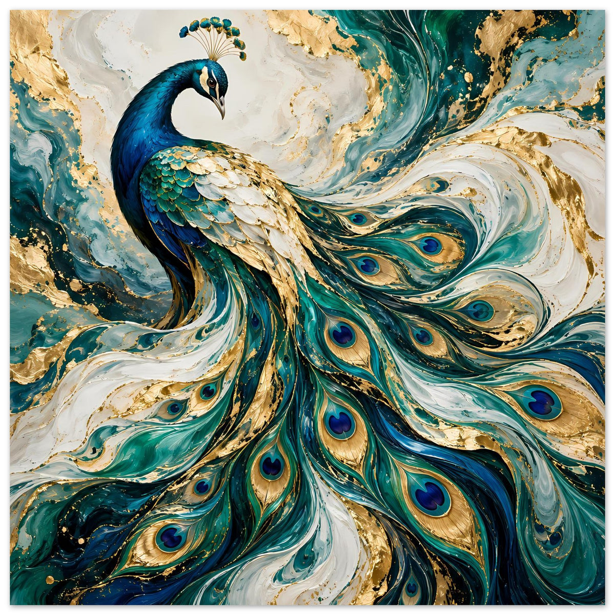 Hochkant-Kunstposter mit Pfau im Stil der Acrylmalerei, Petrol-, Türkis- und Goldtöne