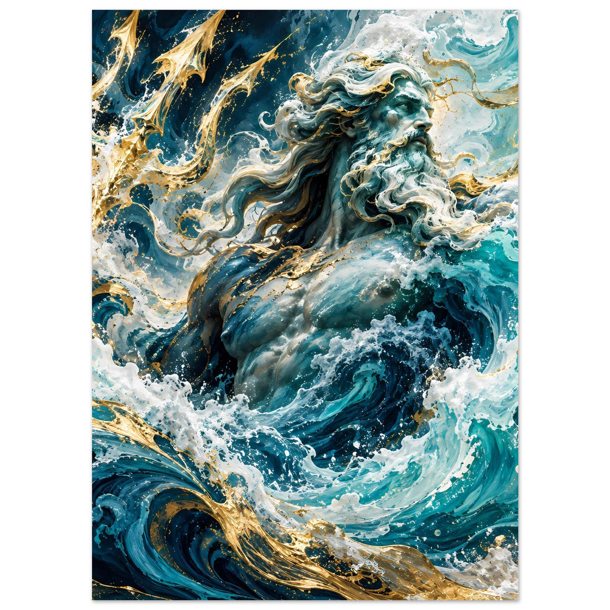 Poster: Meeresgott mit langen weißen Locken, türkisfarbenes Wasser und goldene Strahlen