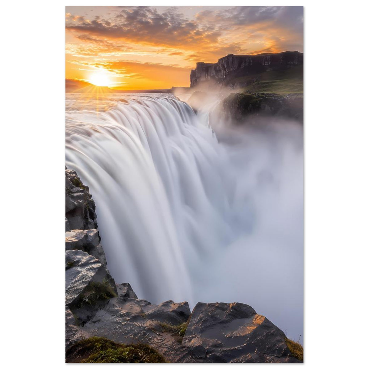 Vertikales Poster mit Wasserfallfront und Felsen, weiße Gischt vor warmem Sonnenuntergang