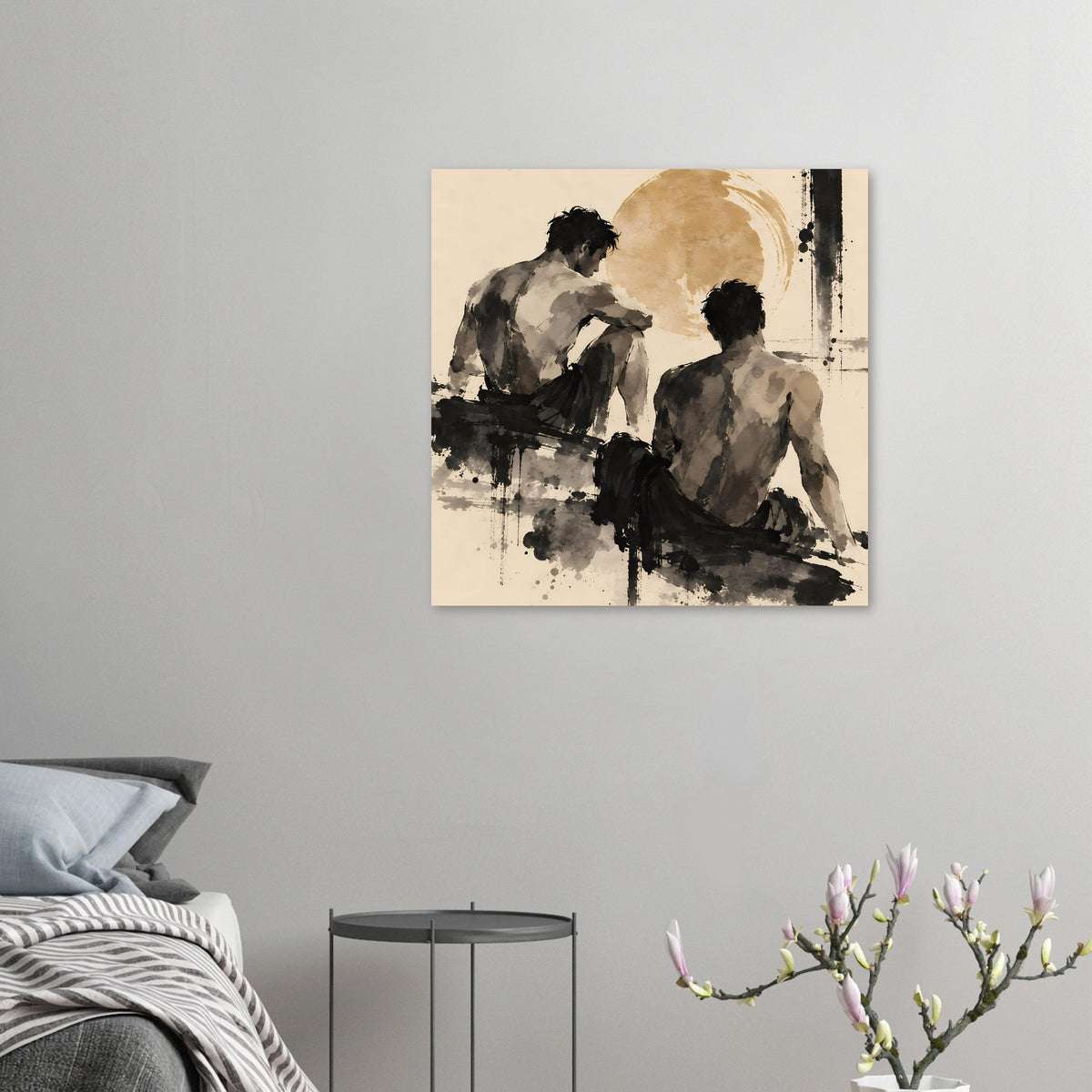 Kunstposter an der Wand: kleine Darstellung mit zwei Figuren von hinten, Sepia und Schwarz