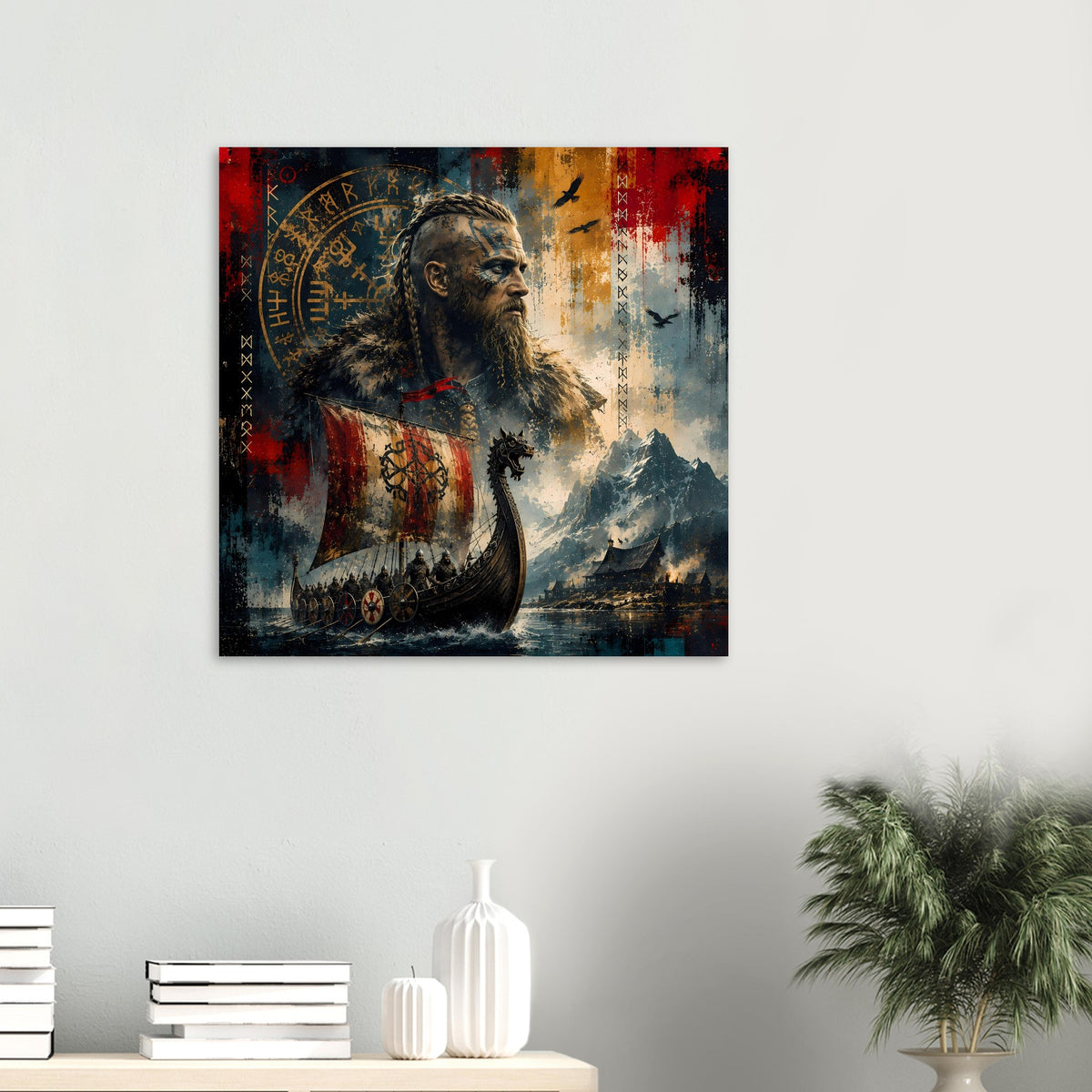 Wikinger-Legende Wandposter mit Porträt eines bärtigen Kriegers, blau-gelb und rote Akzente.