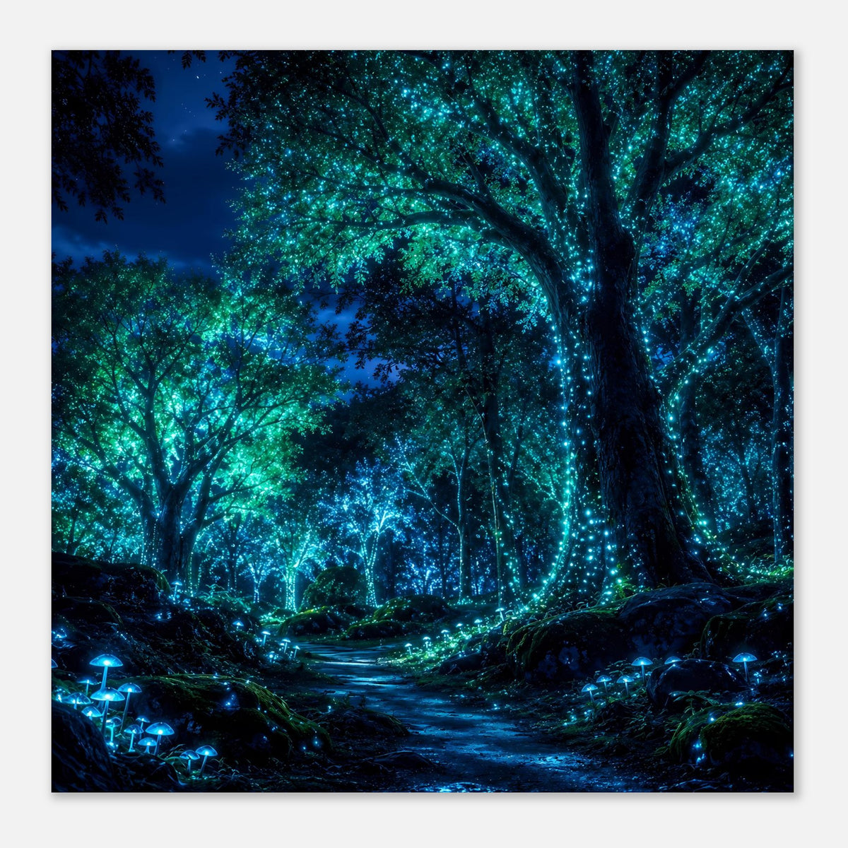 Waldposter im Quadratformat mit leuchtendem Baum und türkis-blauen Lichtpunkten