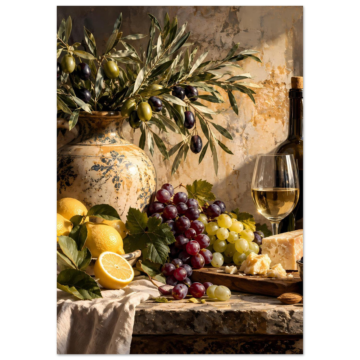 Still-Life-Poster mit Weinflasche und Glaskelch, Trauben & Zitronen sowie Käse auf Holzunterlage
