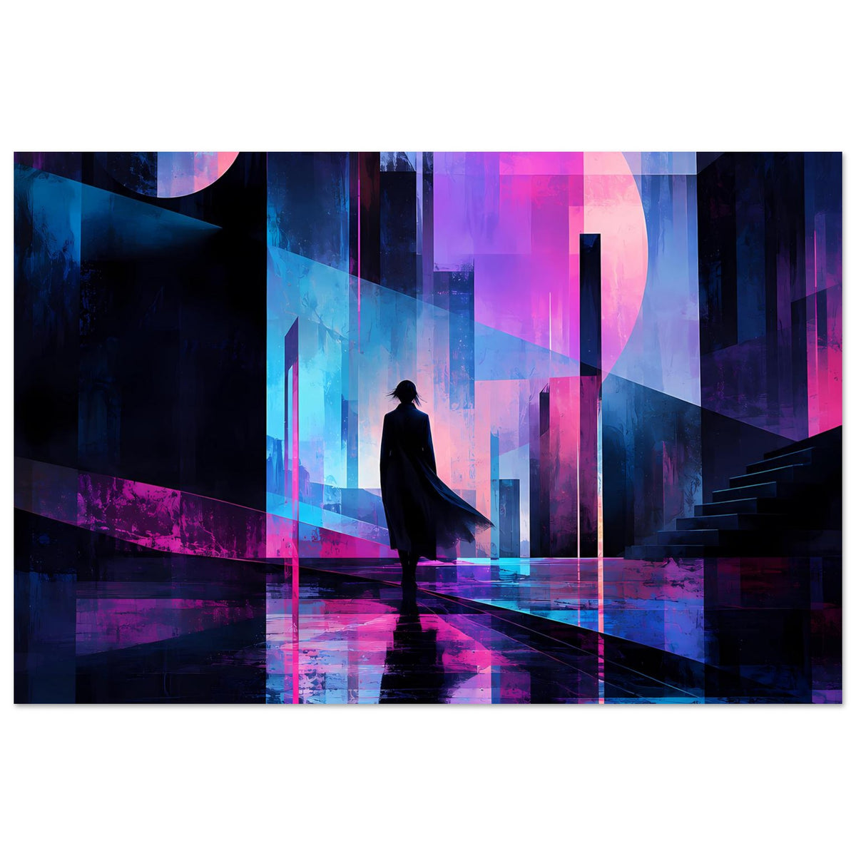 Neon-Nachtstadt-Poster im Querformat: dunkle Figur mit Umhang, pink-blaue Stadtarchitektur