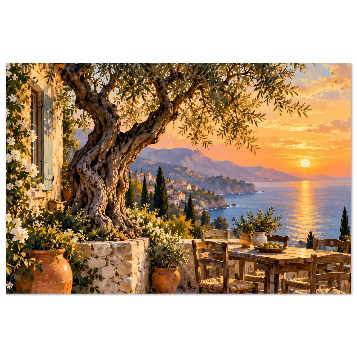 Mediterranes Sonnenuntergang-Poster mit Olivenbaum und Holzstühlen an der Küste
