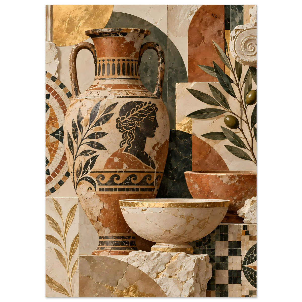 Mediterranes Mosaik-Poster: Schüsseln auf Steinfragmenten mit Mosaikstreifen und Fliesenornamenten