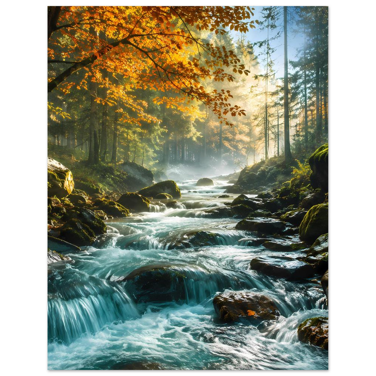 Hochformat-Poster Waldstrom mit Wasserfällen und Steinen, Herbstlaub und Waldlicht, mattes Finish