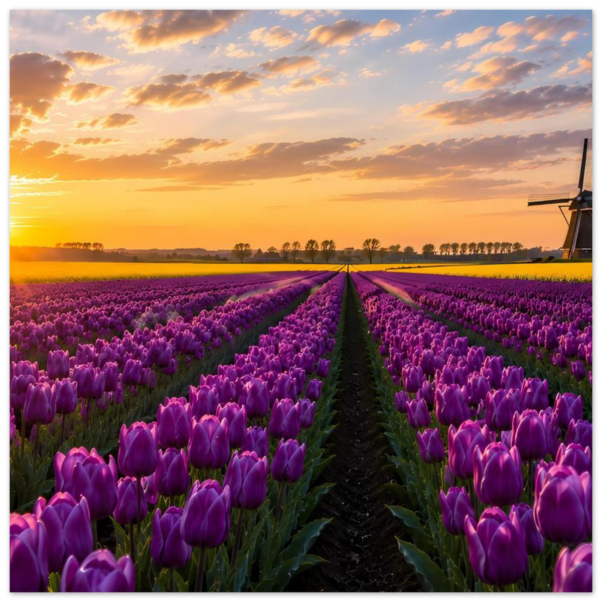 Poster im Querformat: lila Tulpenreihen bis zum Horizont, Sonnenuntergang und Windmühle