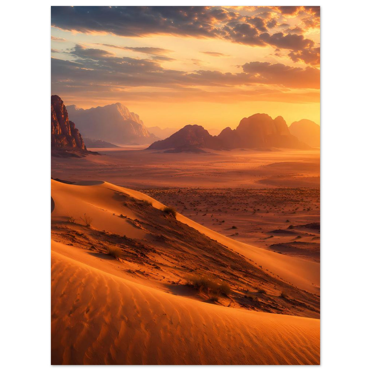 Wüstenlandschafts-Poster mit orangefarbenen Dünen, Sandebene und Sonnenuntergang