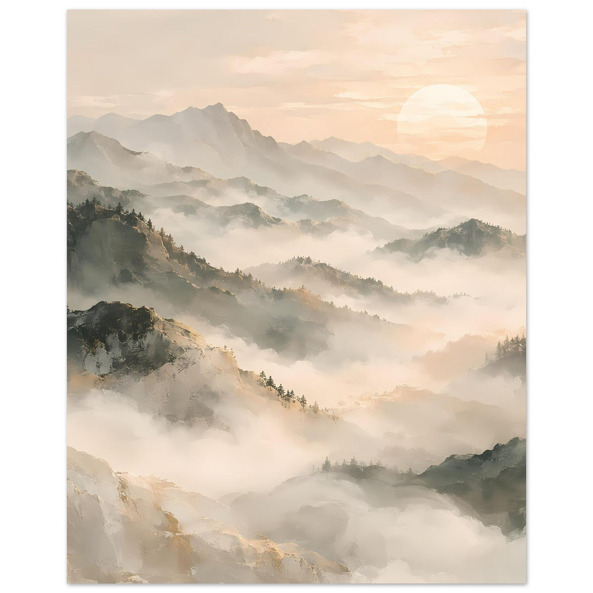Bergposter mit sanften Nebelschichten über Bergkämmen, matt, vertikal