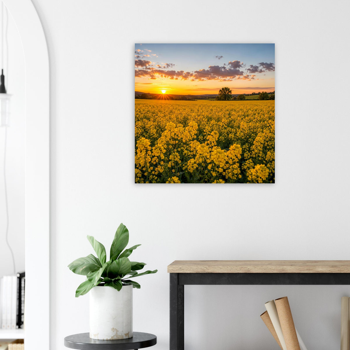 Quadratisches Kunstposter: gelbes Feld mit Sonnenuntergang und dramatischen Wolken