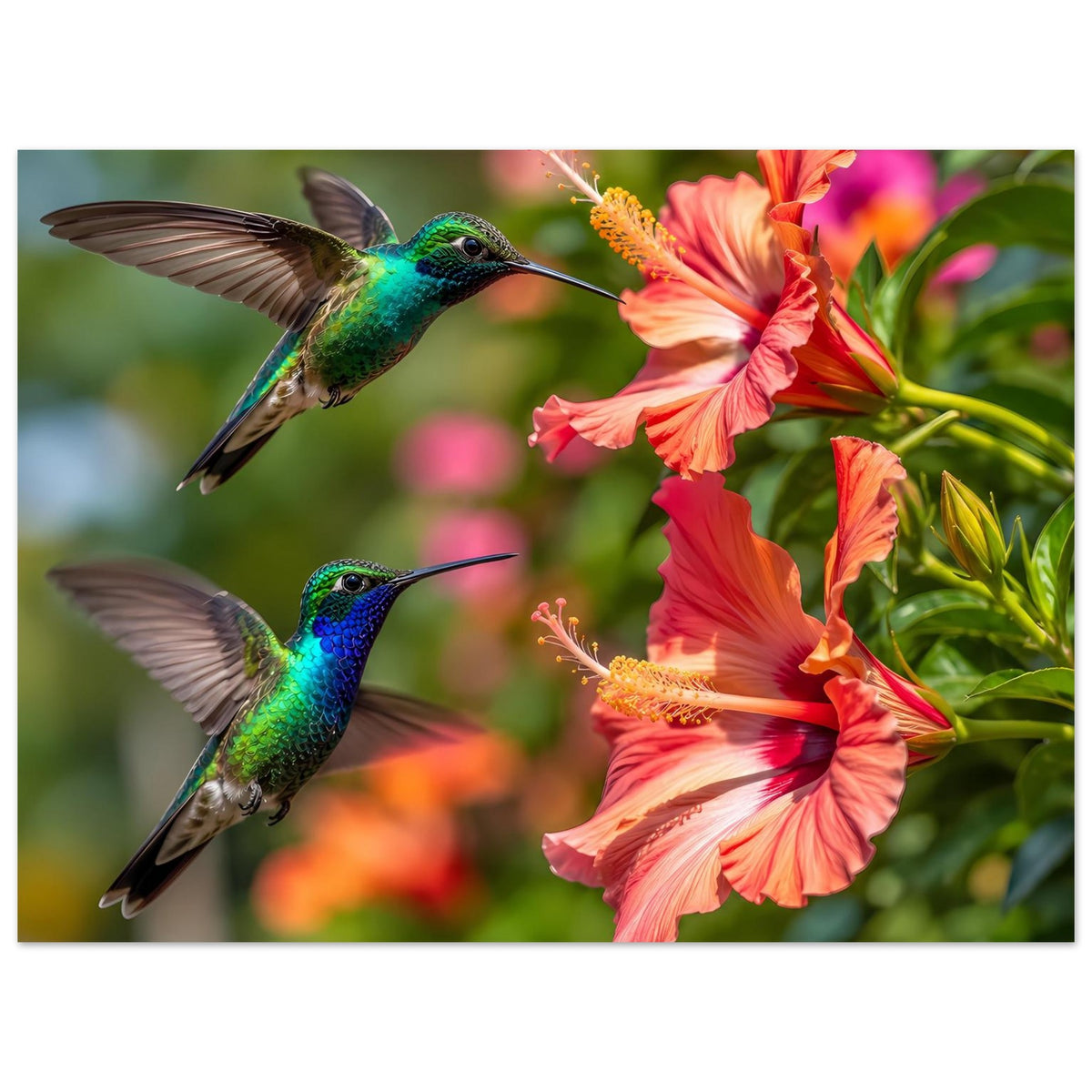 Poster mit zwei Kolibris an Hibiskusblüten, orange-rosa Blüten und gelbe Staubfäden