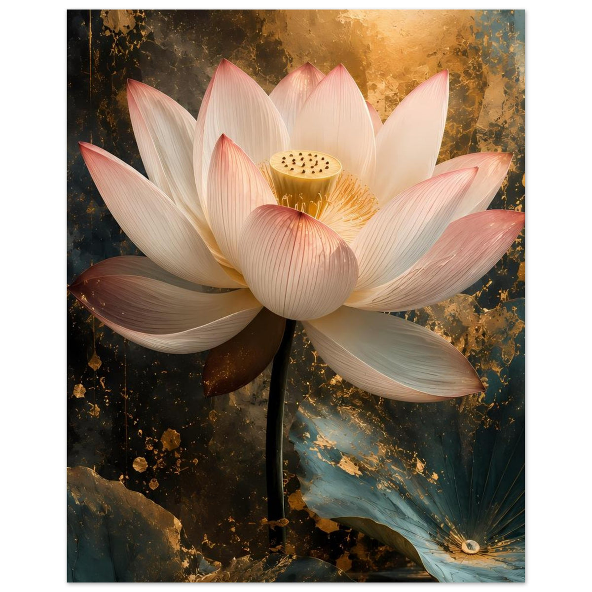 Poster mit Lotusblüte, weißen und rosa Blütenblättern sowie goldener Blütenmitte, gerahmt.