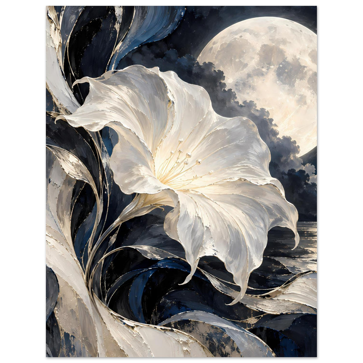 Blumenposter mit großer weißer Blüte, seitlichen Blättern und hellem Mond im Himmel