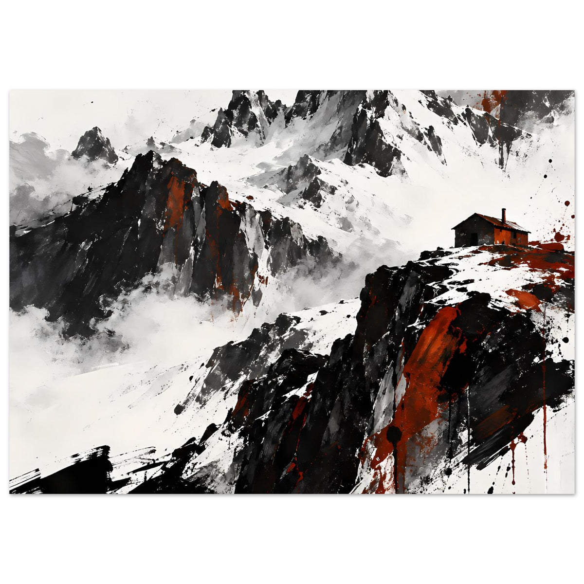 Berglandschafts-Poster mit kontrastreichen Pinselstrichen, schwarzen Bergen und roten Akzenten