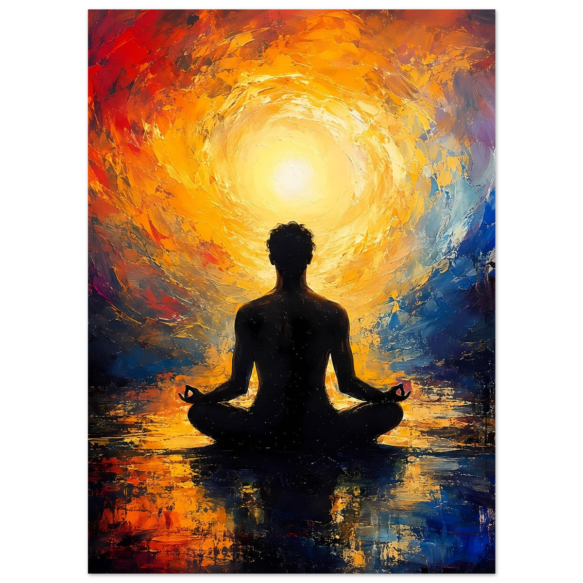 Meditations-Poster mit dunkler Figur im Schneidersitz und hellem gelb-orangen Aura-Bogen
