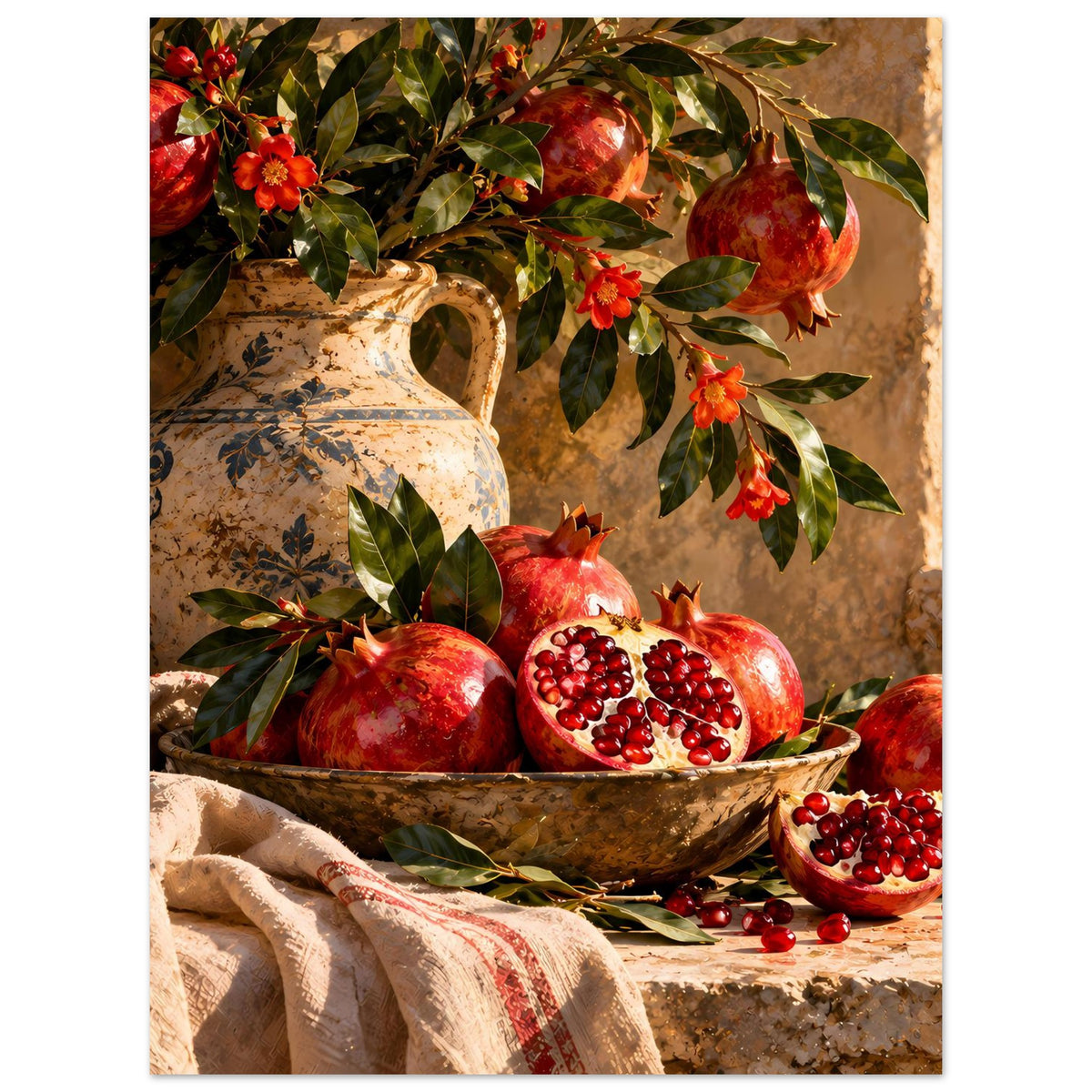 Poster mit Granatäpfeln in Schale, aufgeschnittener Frucht und Tuch im unteren Bereich