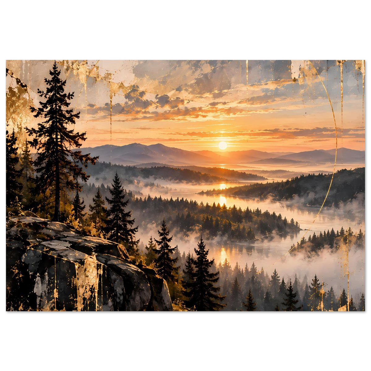 Landschaftsposter im Nahfokus: Sonnenuntergang, Tannenwald, Nebel und Felsen unten links
