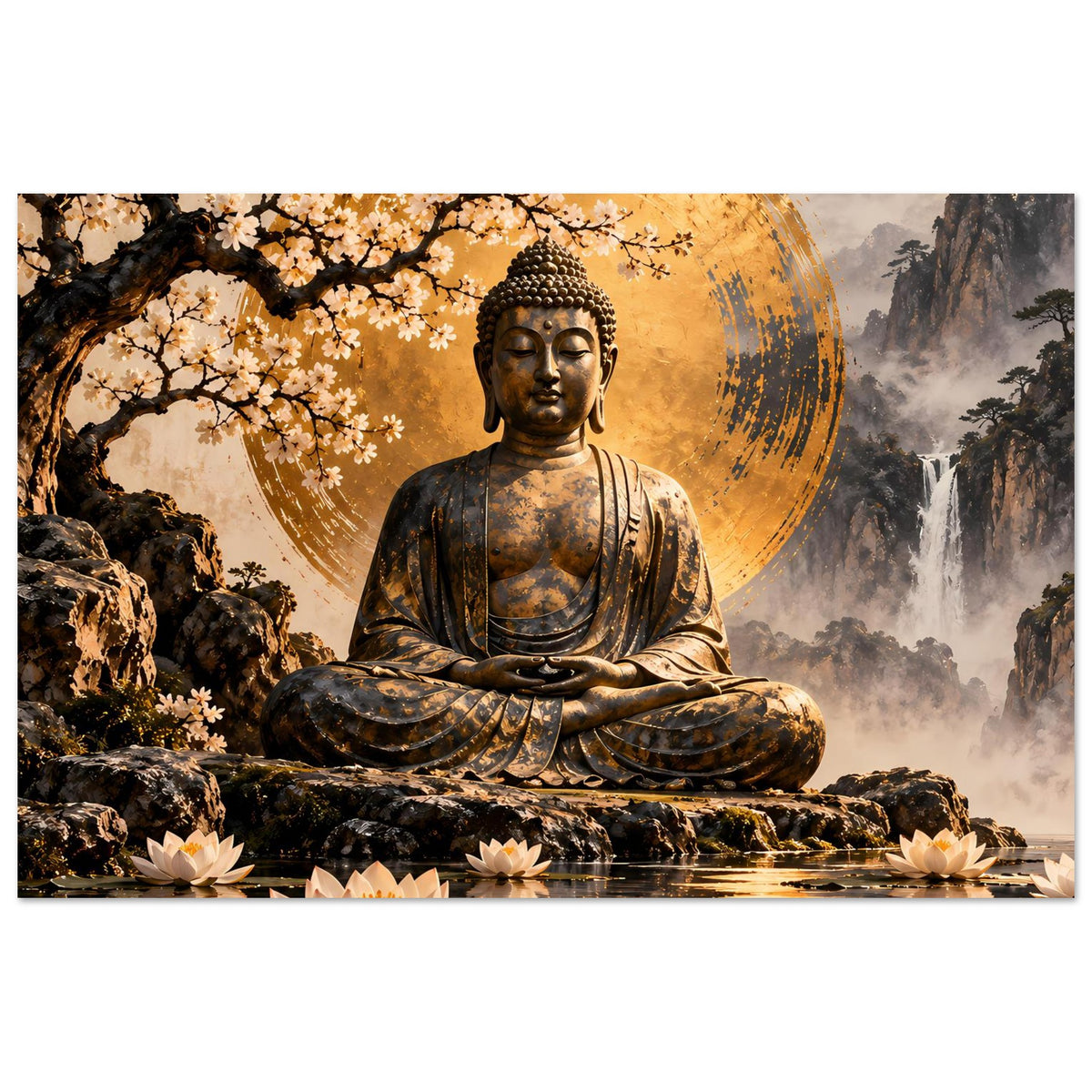 Poster: sitzende Buddhafigur mit goldener Aura, Kirschblüten, Lotusblumen und Bergnebel
