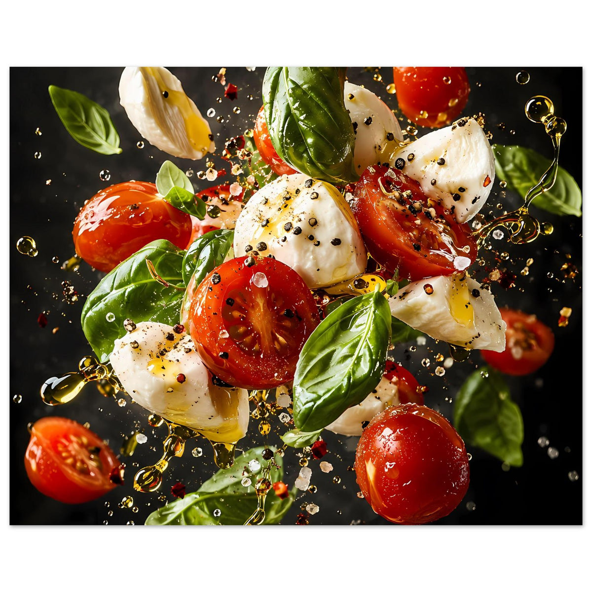 Kunstposter Caprese-Salat: Tomaten und Mozzarella mit Basilikumblättern, Gewürz