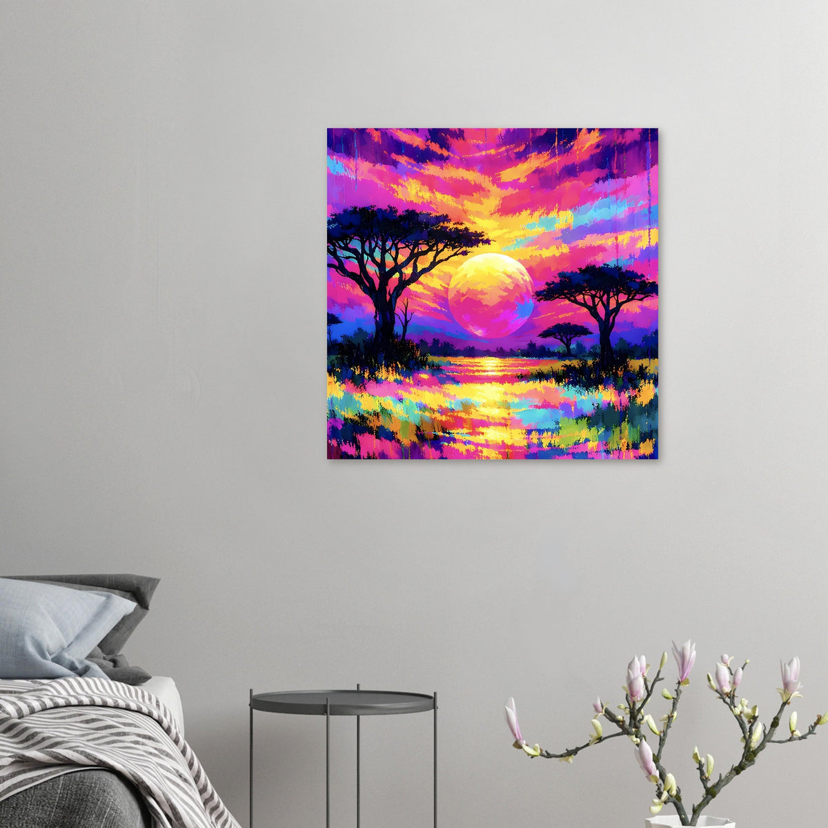Kleines Neonlandschafts-Poster mit Sonnenball, See und Baumsilhouetten