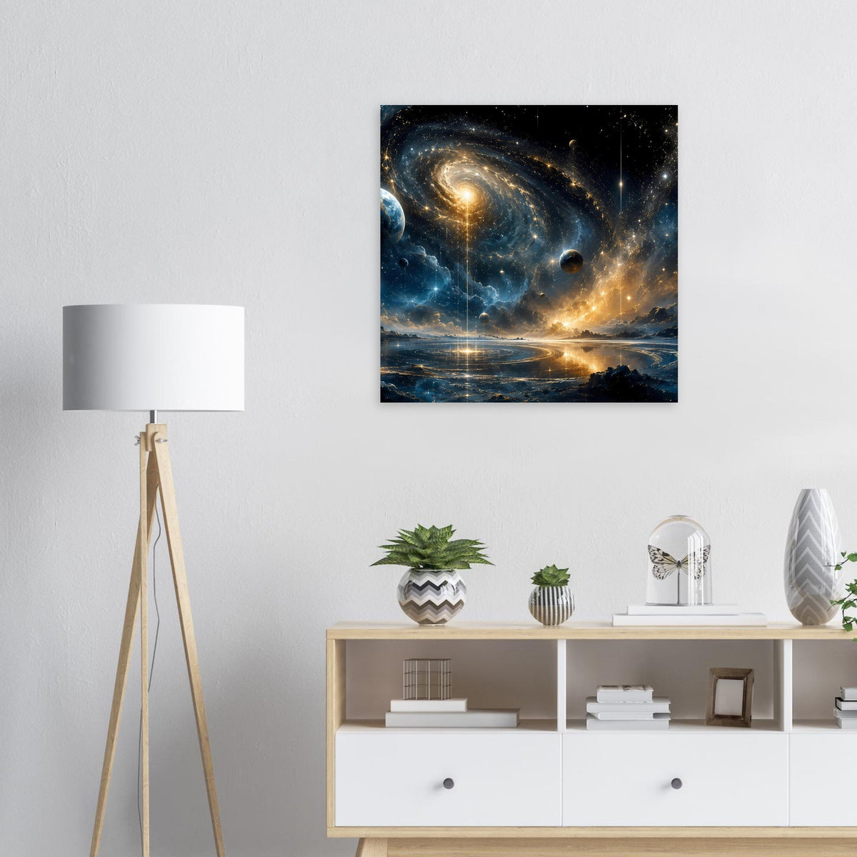 Wandposter mit Spiralgalaxie und Planeten, leuchtender Sternenlandschaft