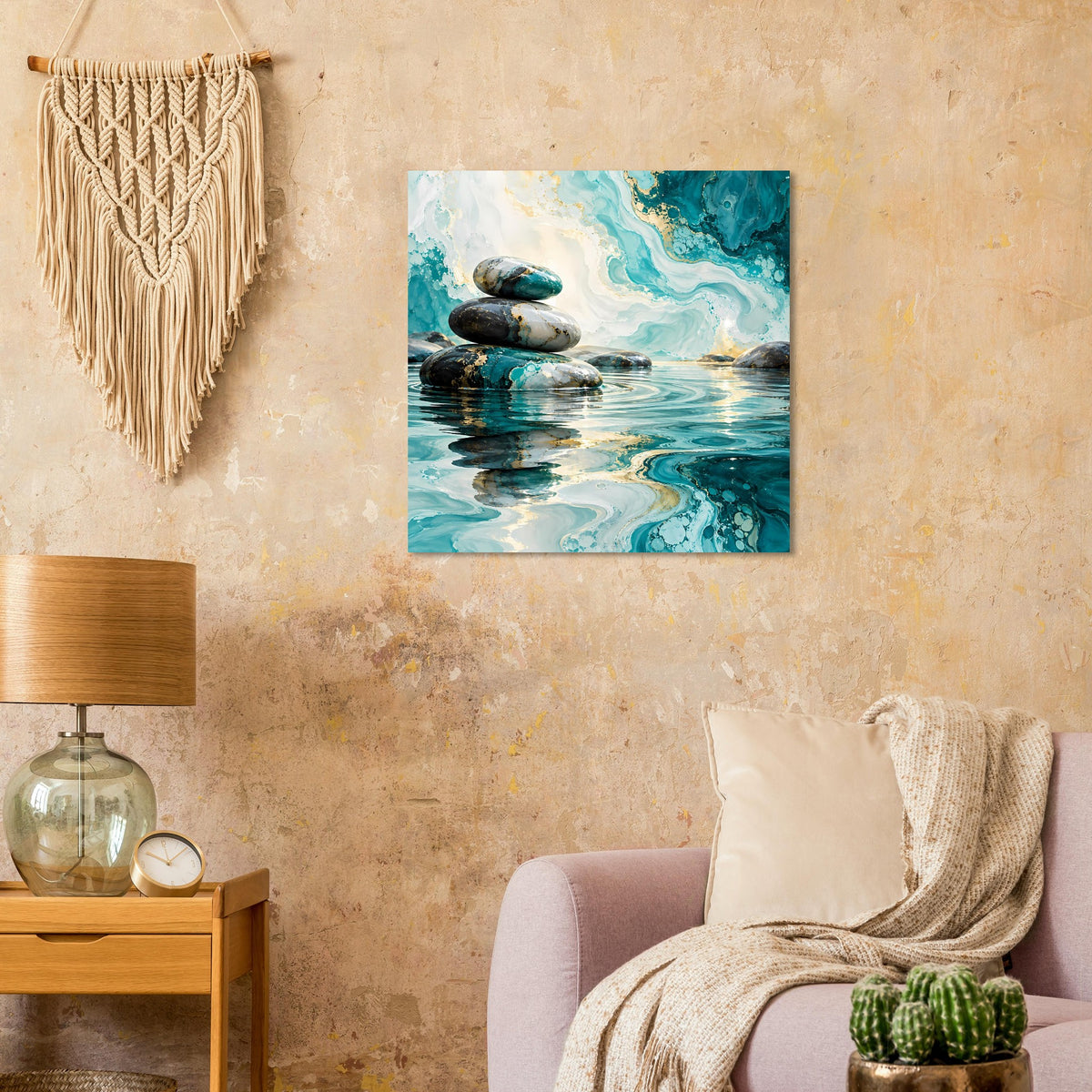 Zen-Poster mit gestapelten Steinen im Wasser und türkisblauen Wellen