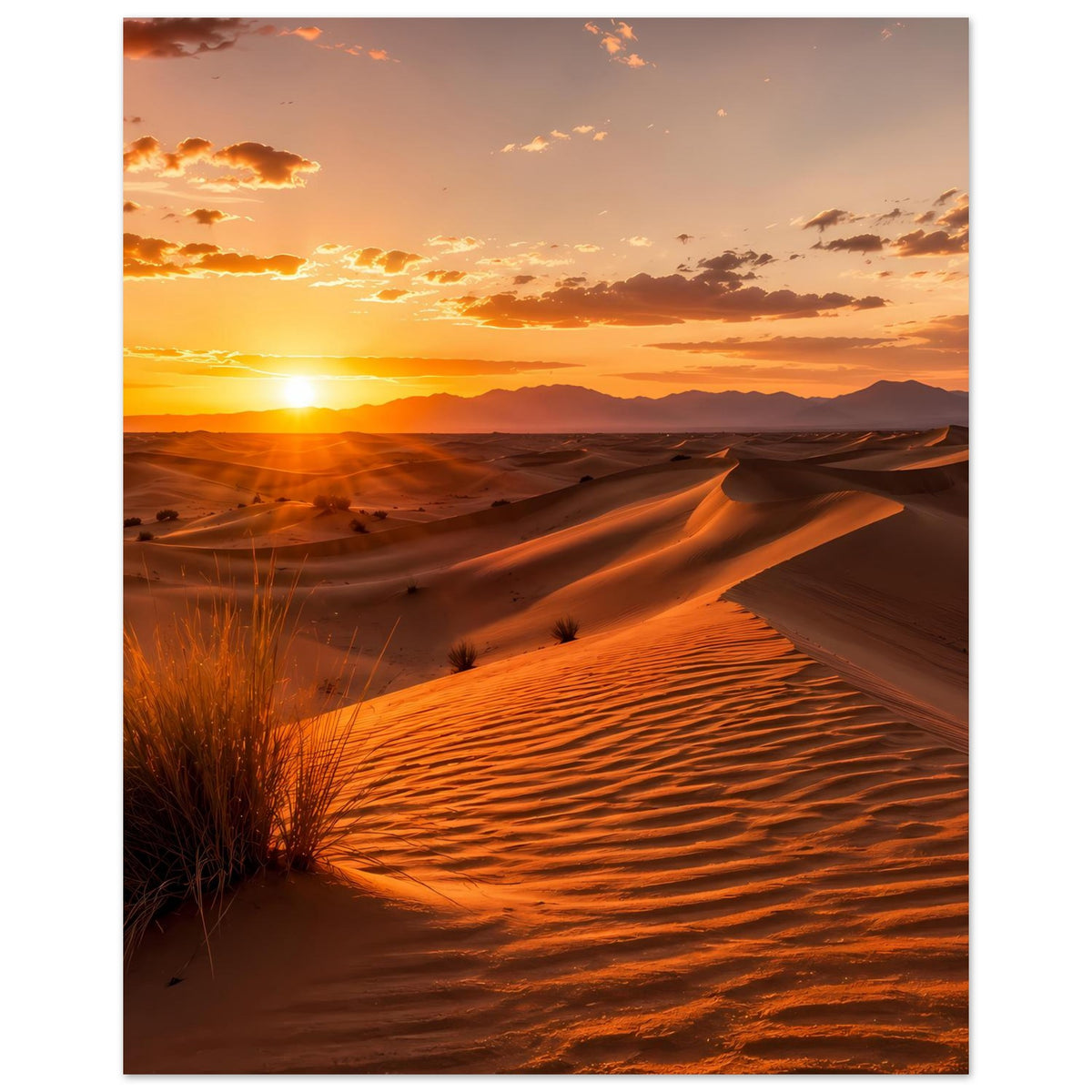Wüstenposter mit goldenen Sanddünen und Sonnenuntergang im Hochformat