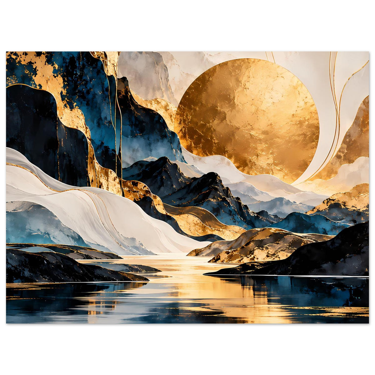 Kunstposter mit abstrakter Landschaft: goldener Mond, blaue Berge, reflektierender Fluss