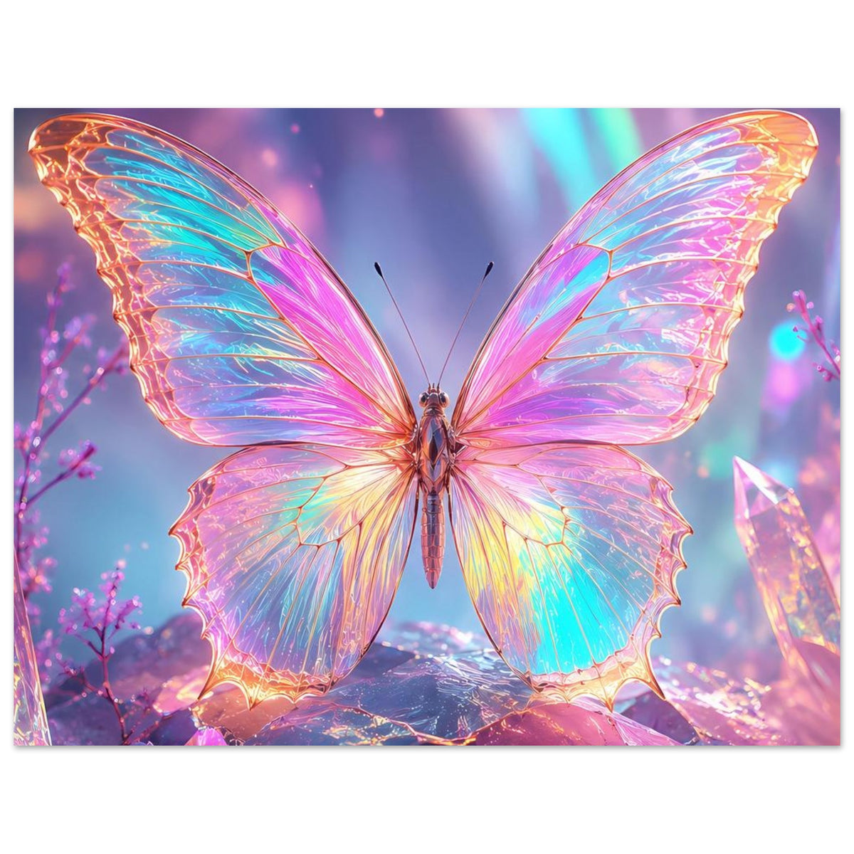 Regenbogen-Schmetterling auf Kristallen, detailreiches Fantasy-Poster