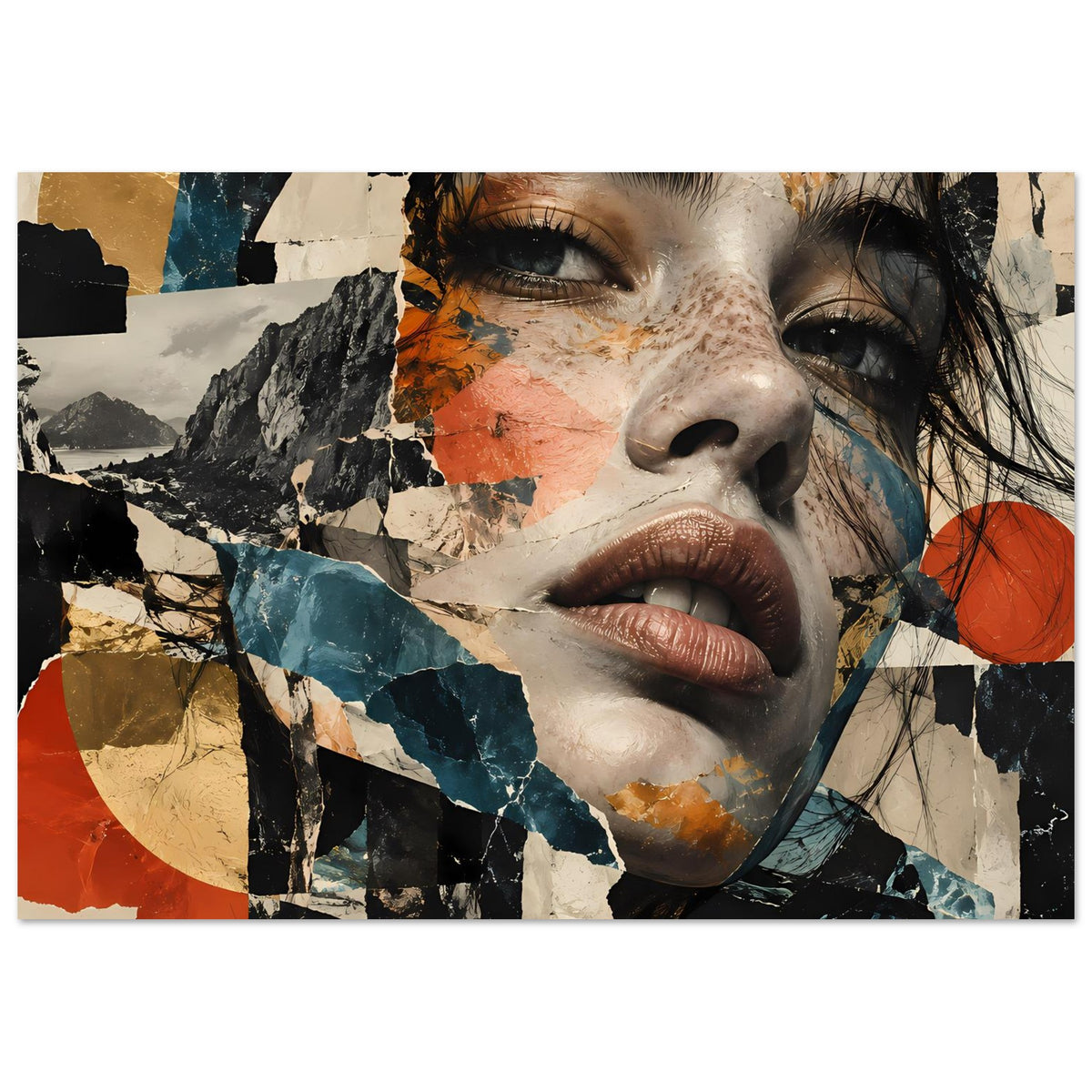 Abstraktes Collage-Porträtposter mit Frauen-Gesicht, markante Augenpartie und orangefarbene Akzente