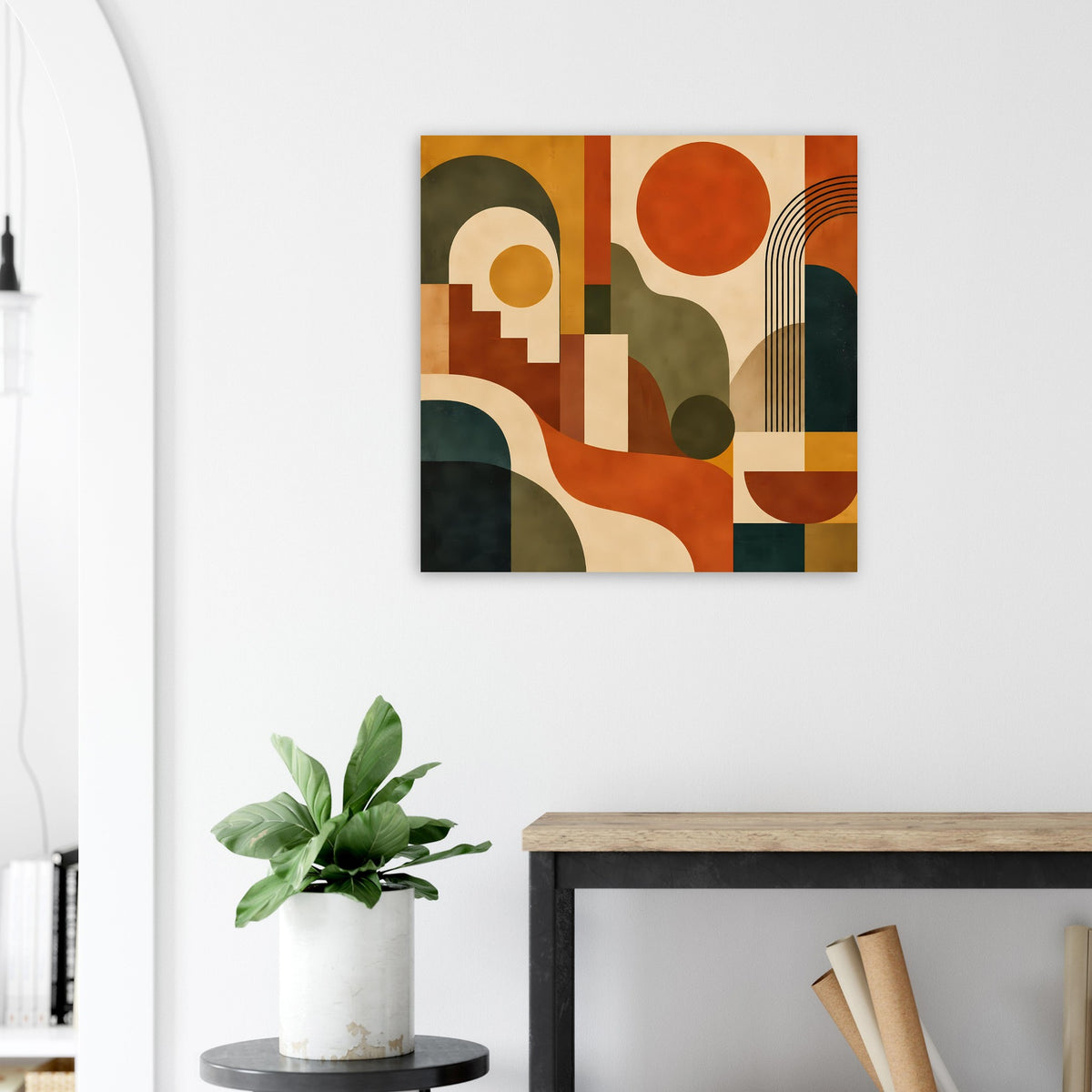 Quadratischer Kunstprint mit warmem abstraktem Muster aus Formen und Linien, schwarz gerahmt.