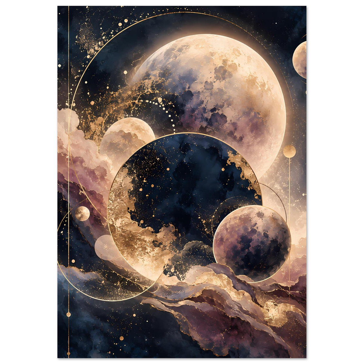 Planetenposter im Hochformat mit Monden, Sternen und goldenen Bahnen über violettem Nebel