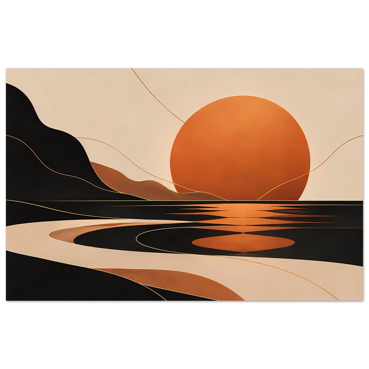 Kunstposter im Querformat mit geometrischer Landschaft: Sonne, Wellen und schwarze Silhouetten
