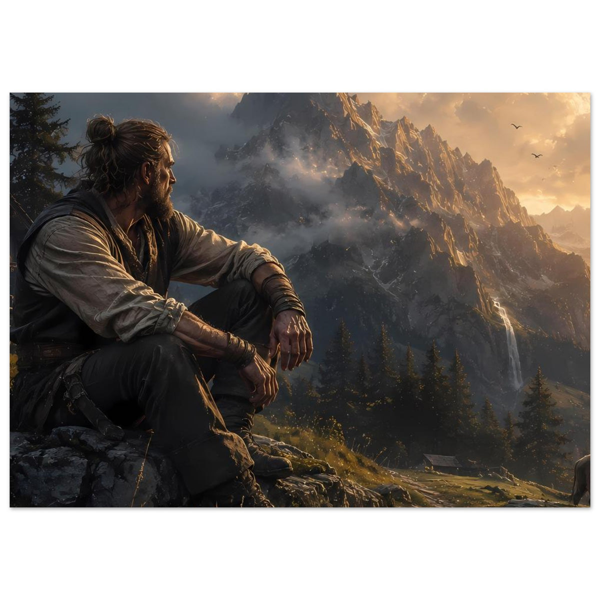 Poster: Wanderer im Vordergrund, dramatisches Bergpanorama im warmen Licht