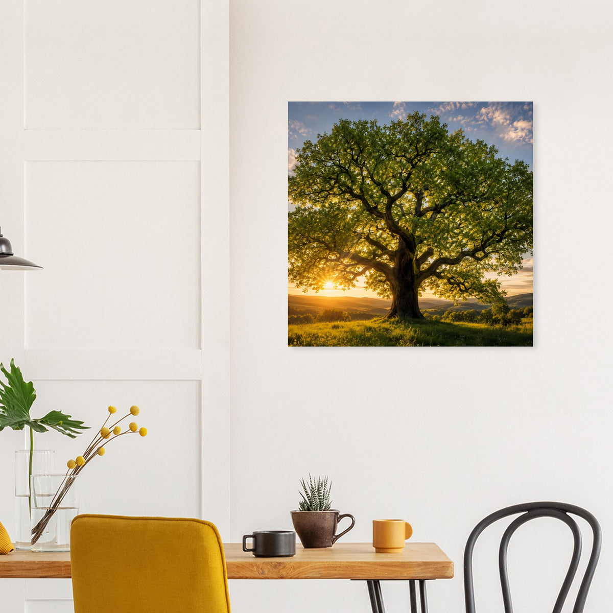 Quadratisches Poster mit grünem Baum, goldenem Licht und Himmel im Sonnenuntergang