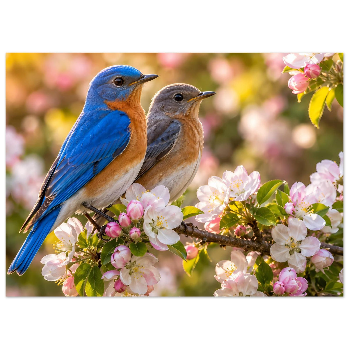 Vogelposter mit zwei Vögeln: blaues Gefieder, brauner Rücken, auf blühendem Zweig mit rosa Blüten