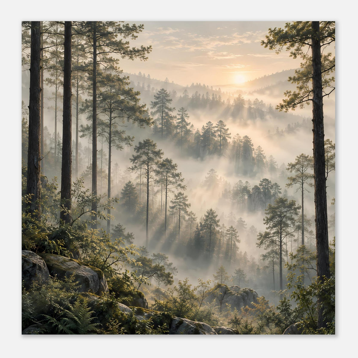 Waldlandschafts-Poster: Nebelwald mit Nadelbäumen, warmem Sonnenaufgang und Felsen unten
