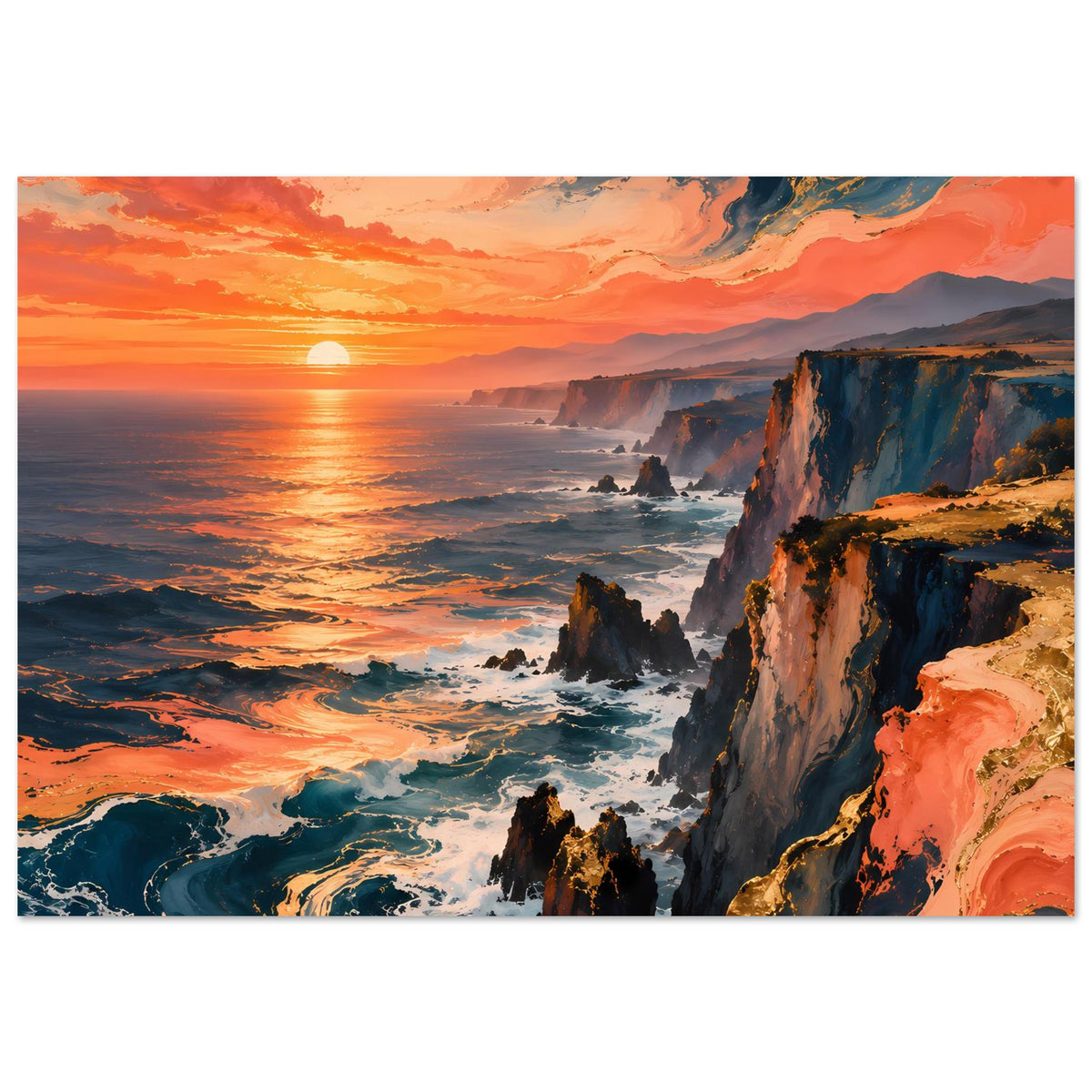Querformat-Poster: Sonnenuntergang über dem Meer mit steilen Küstenklippen, Wellen und Felsformationen