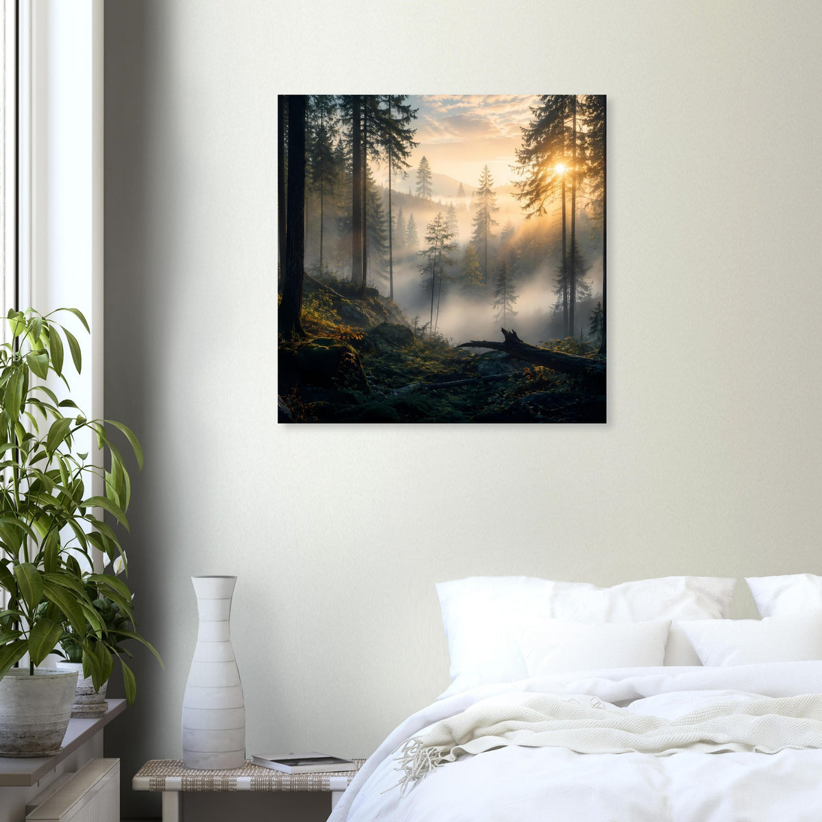 Quadratischer Kunstdruck mit Waldkulisse und Sonnenaufgang, schwarz gerahmt