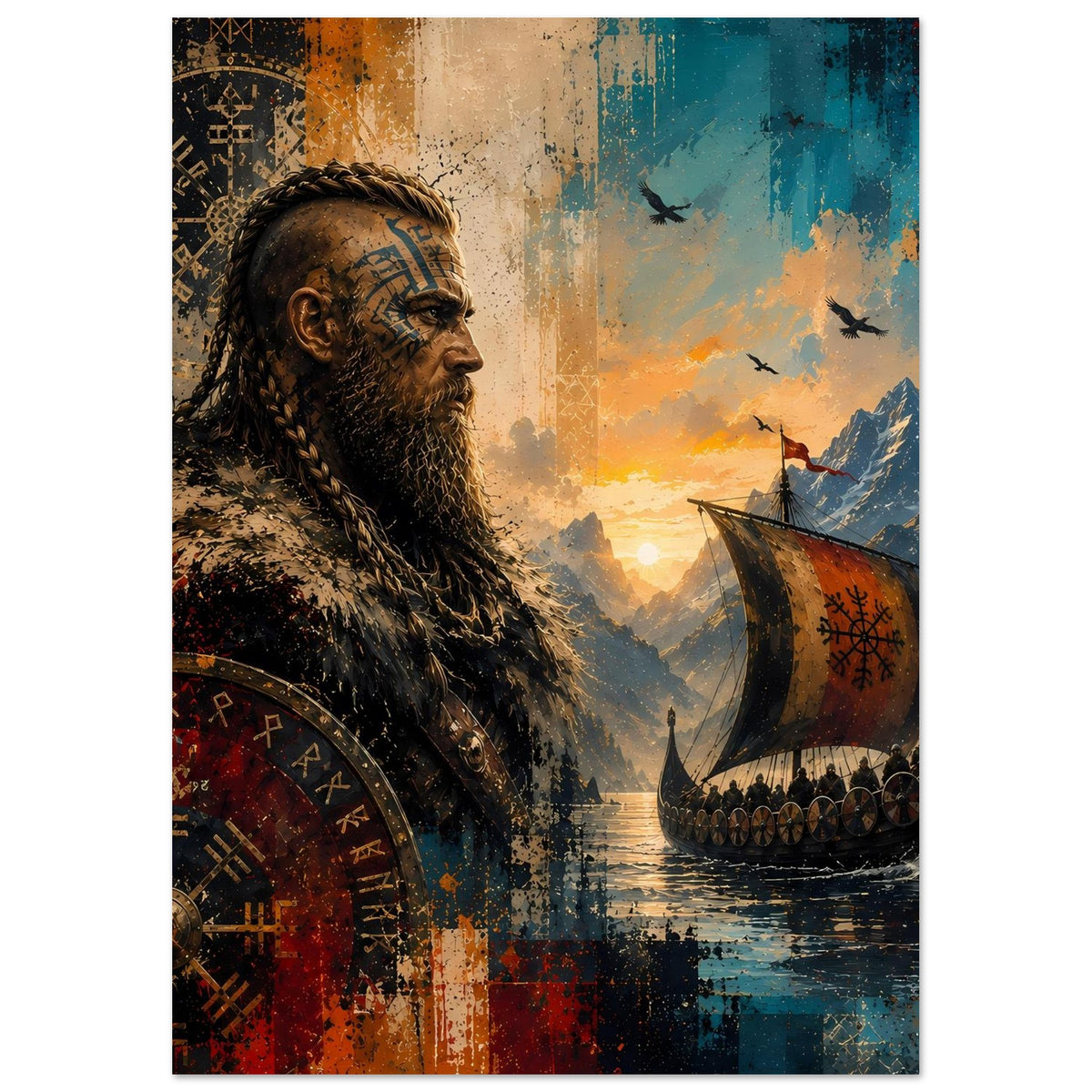 Saga-Poster: Wikingerkrieger im Profil und Langschiff, Schildornamente und Wasserlinie