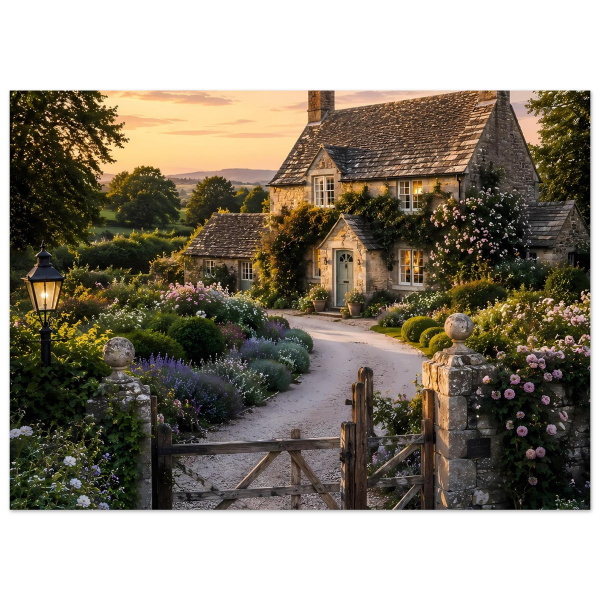 Premium-Poster: Cottage mit Blumenweg, Steinmauer und Tor, Blick über den Garten