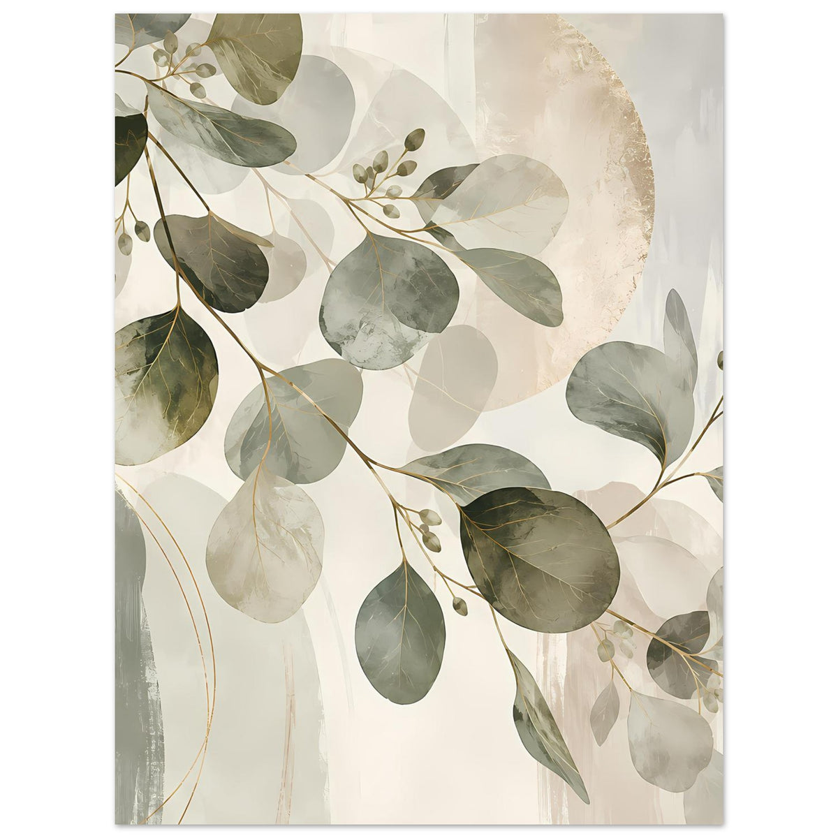 Kunstposter mit Blattkranz-Illustration, Oliv- und Graugrün, helle Pastelltöne, goldene Linien
