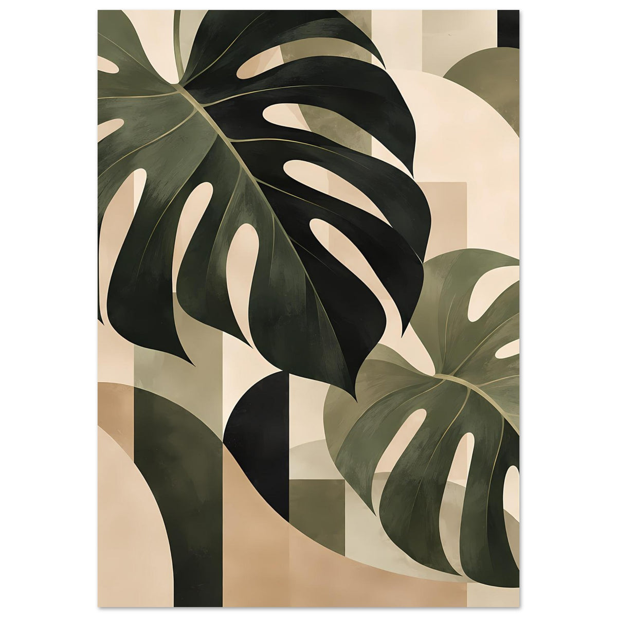 Botanik-Poster mit Monstera-Blättern: grün-beige Farbflächen, große Blätter links und rechts.
