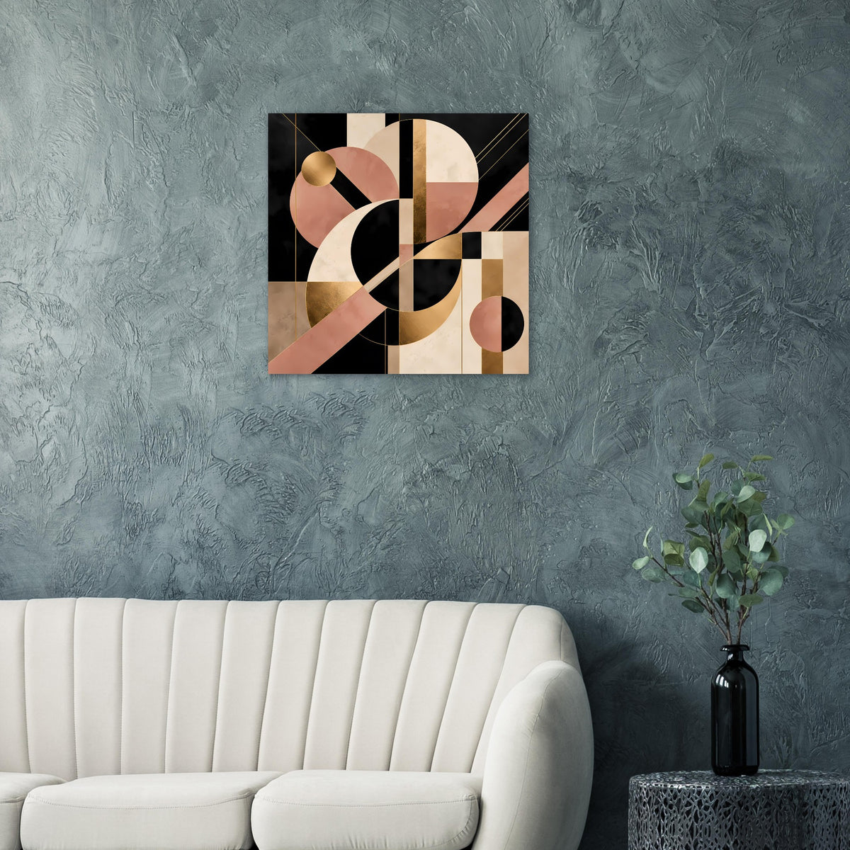Rechteckiges Art-Deco-Poster mit abstrakten Kreisen und Balken in Schwarz, Blush und Gold