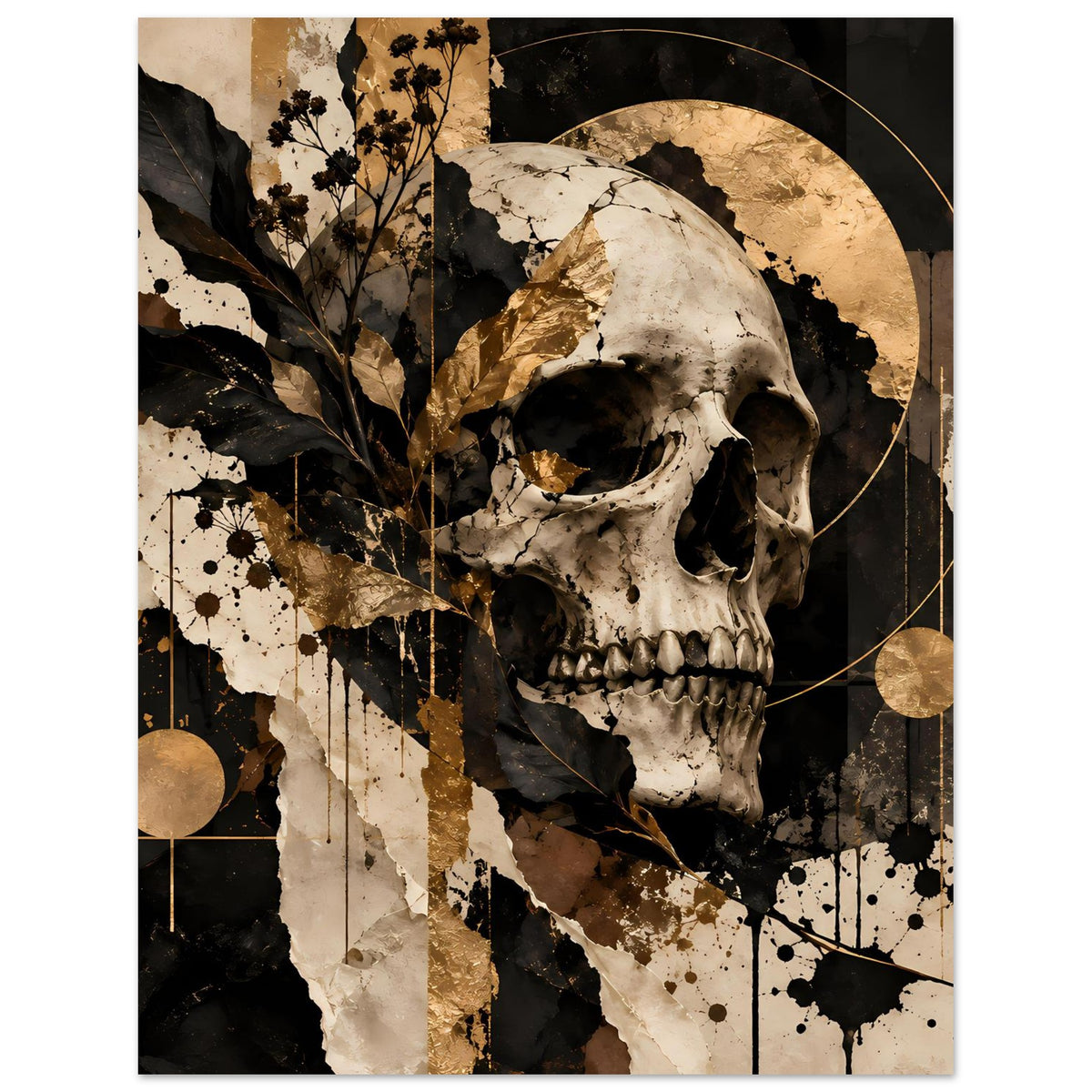 Gotisches Totenschädel-Kunstposter: Großes Schädelmotiv, goldene Halbkreise und Linien