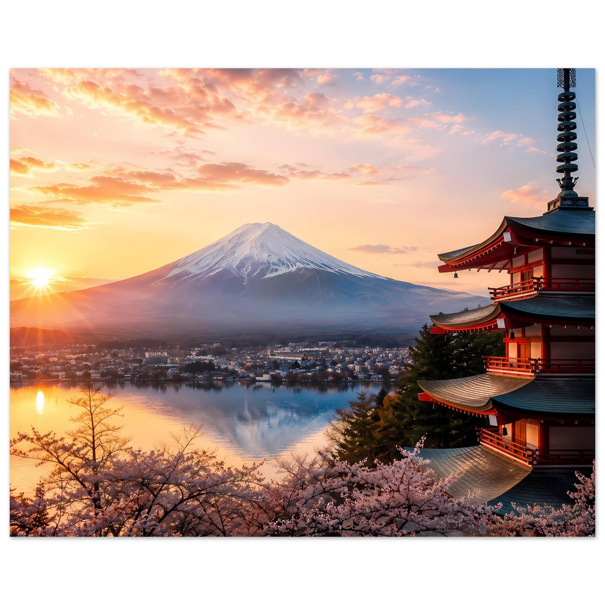 Japanisches Landschaftsposter mit Fuji, Kirschblüten, Pagode am See bei warmem Sonnenlicht