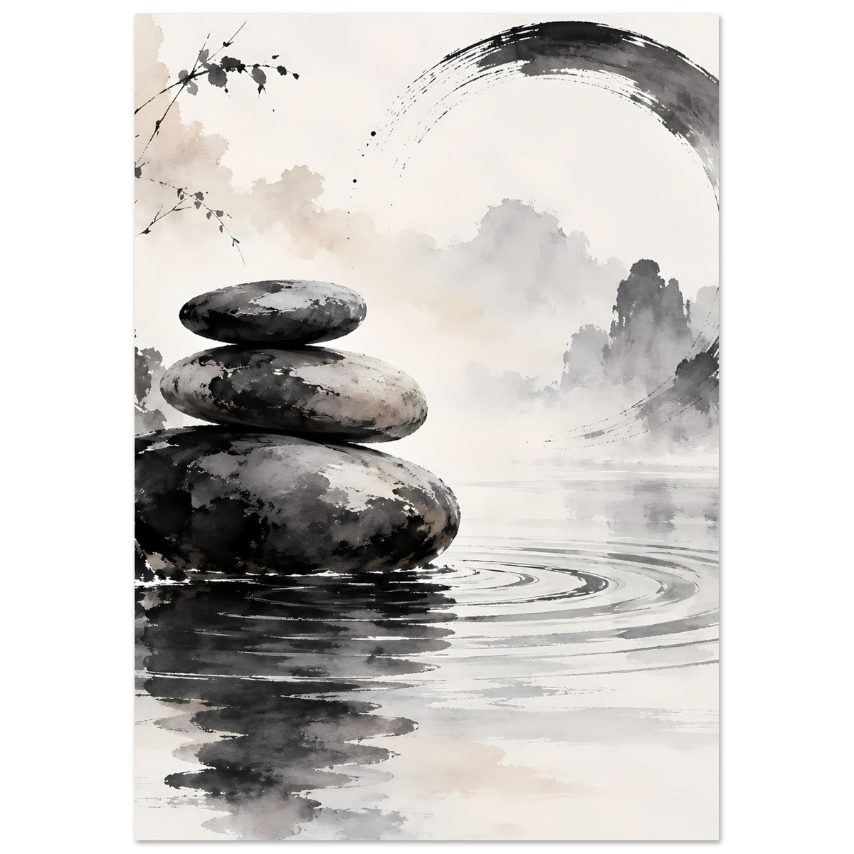 Zen-Balance Poster (Hochformat) mit drei Steinen, Wasserspuren und gedämpften Wolkenakzenten