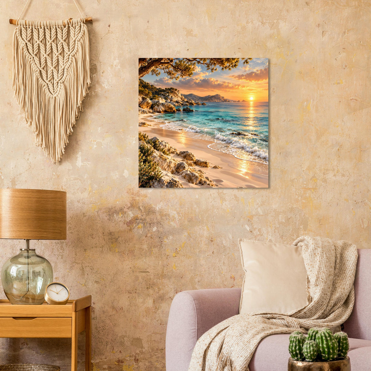 Quadratisches Poster: Sandstrand, türkisfarbenes Meer und untergehende Sonne