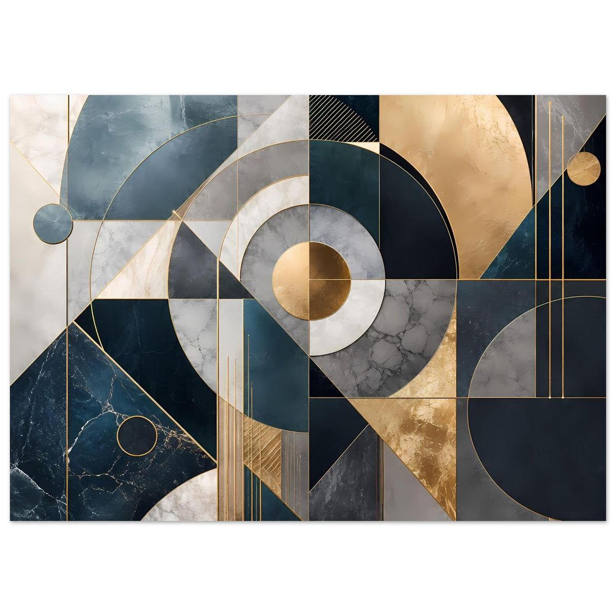 Horizontales Kunstposter mit geometrischen Formen, goldenen Akzenten und Marmor-Optik